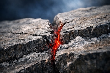 Dos superficies rugosas de roca separadas por una grieta con luz roja incandescente. Polvo gris claro cubre las superficies. Fondo desenfocado azul oscuro.