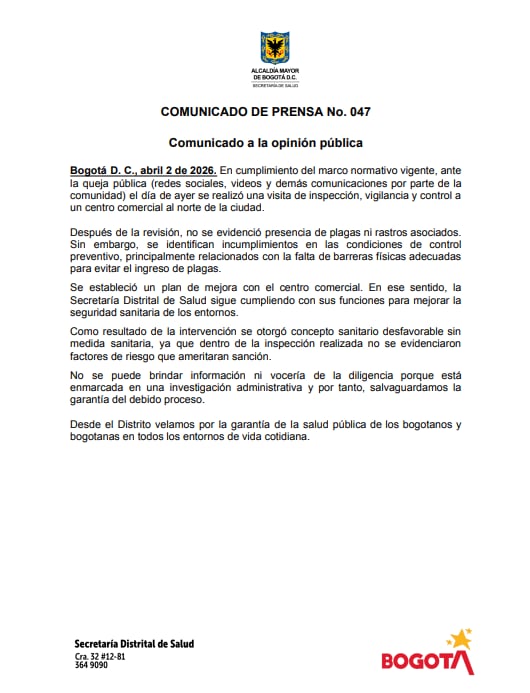 La entidad emitió un concepto sanitario desfavorable sin imponer sanciones al establecimiento - crédito Secretaría de Salud de Bogoá