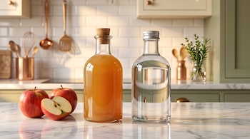 Dos botellas de vidrio, dos manzanas enteras y una media manzana sobre una encimera de mármol en una cocina.