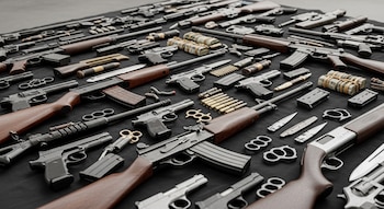 Múltiples rifles, pistolas, revólveres, cargadores, cartuchos de munición, cuchillos y nudilleras sobre una tela negra.