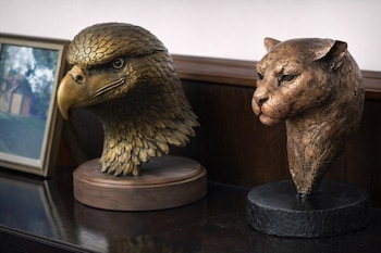 Dos bustos de bronce, un águila a la izquierda y un puma a la derecha, se sitúan sobre una superficie oscura y reflectante; un cuadro enmarcado se ve borroso al fondo.