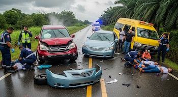 Dos automóviles dañados, una ambulancia amarilla, una ambulancia blanca, varias personas, algunos uniformados, sobre una carretera mojada rodeada de vegetación.
