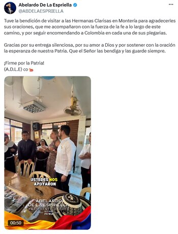 Abelardo de la Espriella y Ana Lucía Pineda agradeció a las Hermanas Clarisas en Montería por su apoyo espiritual - crédito @ABDELAESPRIELLA/X