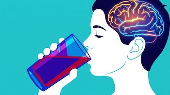 Perfil de una persona joven bebiendo de un vaso de jugo de colores, su cerebro está iluminado con luz de neón sobre un fondo turquesa.
