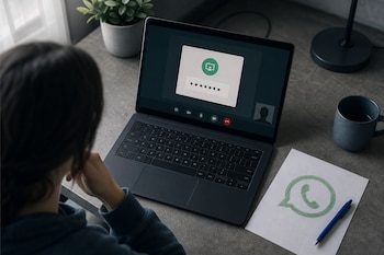 Persona frente a una computadora portátil con un código de verificación en pantalla, junto a un papel con el logo de WhatsApp y un bolígrafo.