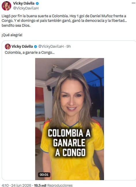 Vicky Dávila vinculó la victoria de Colombia con logros democráticos recientes - crédito @VickyDavilaH/X
