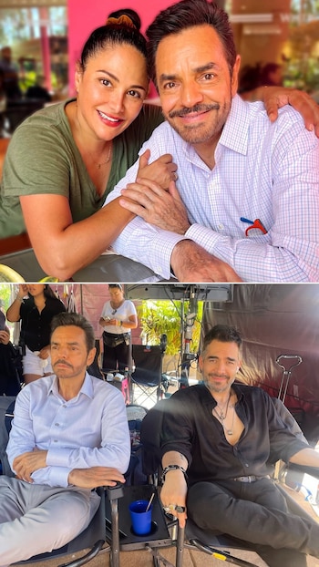 Imágenes: Arriba, Eugenio Derbez sonríe junto a Vanessa, ella lo abraza. Abajo, Derbez y Omar sentados en sillas de director en un set de filmación al aire libre