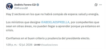 Andrés Forero aseguró que los futuros ministros de Salud y Energía asumirán sus cargos en medio de una complicada crisis - crédito @AForeroM/X
