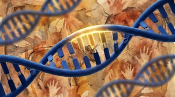 Cadena de ADN azul en primer plano con una sección central luminosa y amarilla, sobre un fondo de acuarela en tonos tierra que muestra siluetas de manos y figuras zoomorfas.