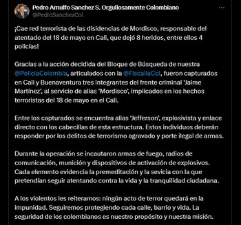 La captura se confirmó en la tarde del domingo - crédito @PedroSanchezCol / X