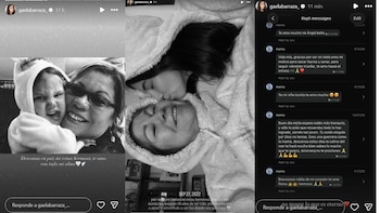 Collage de historias de Instagram en blanco y negro: mujer adulta sonriendo con niña, joven besando a mujer mayor, y capturas de mensajes de texto de "mama"