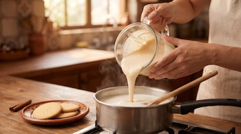 Dos manos vierten una mezcla cremosa desde una jarra de vidrio a una olla humeante, junto a galletas en un plato de barro y una rama de canela.
