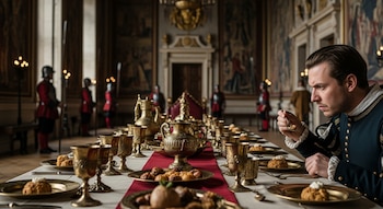 Hombre con atuendo de época en mesa con platos, copas y alimentos. Fondo con salón palaciego y guardias armados desenfocados.