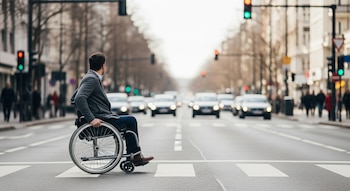 Un hombre en silla de ruedas, de espaldas, está en un paso de cebra en una calle de ciudad, con coches y peatones en el fondo, esperando el semáforo.