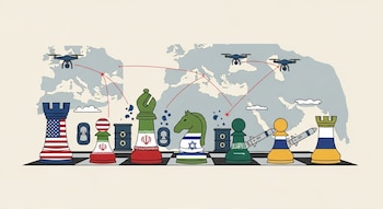 Tablero de ajedrez, piezas con banderas de Estados Unidos, Irán, Israel, Arabia Saudita, Rusia, Ucrania. Drones, misiles, barriles de petróleo, mapas.