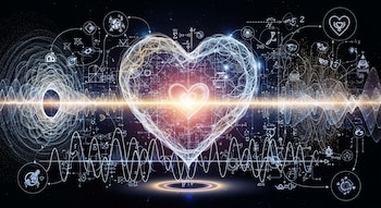 Corazón luminoso central, fórmulas matemáticas, gráficos de ondas, diagramas técnicos y pequeños iconos, sobre un fondo oscuro con puntos de luz.