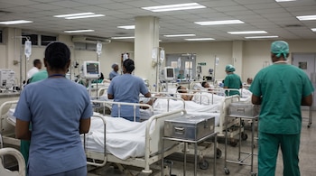 Sala de hospital con personal médico, pacientes en camas, monitores, sueros intravenosos y cajas de instrumental de metal.