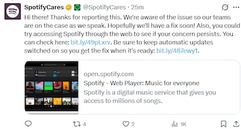Captura de pantalla de una publicación de la cuenta SpotifyCares en X sobre fallos técnicos con enlace a su reproductor web