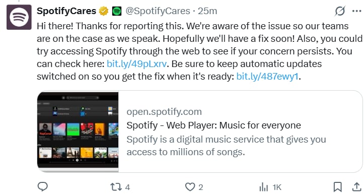 La plataforma confirmó que detectó errores y que trabaja para restablecer el funcionamiento del servicio. (X: @SpotifyCares)