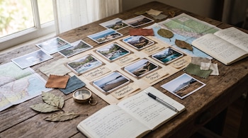 Una mesa de madera con fotografías de paisajes, dos mapas, dos cuadernos abiertos, un bolígrafo, una brújula, hojas secas y muestras de tela cerca de una ventana.