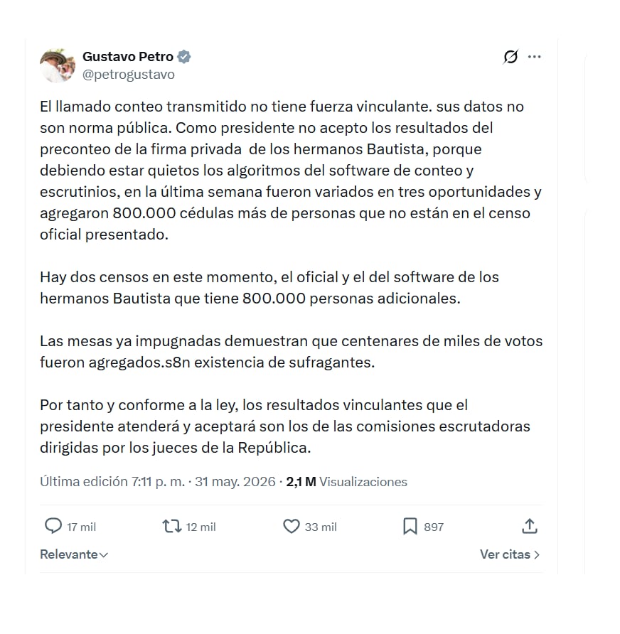 Con este mensaje en X, el presidente Gustavo Petro desconoció resultados de la primera vuelta presidencial, en la que perdió Iván Cepeda - crédito @petrogustavo/X