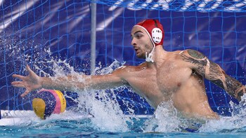 Tokyo 2020 Olympics - Water Polo - Men - Gold medal match - Greece v Serbia - Tatsumi Water Polo Centre, Tokyo, Japan – August 8, 2021. Emmanouil Zerdevas of Greece in action REUTERS/Gonzalo Fuentes