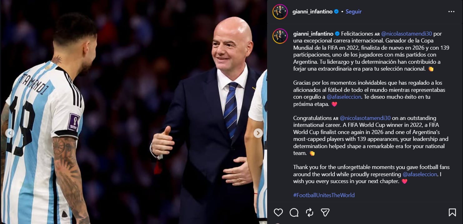 El mensaje del presidente de la FIFA a Nicolás Otamendi