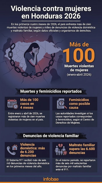 Infografía sobre violencia contra mujeres en Honduras 2026. Muestra un mapa del país con una mujer llorando y cadenas rotas, junto a estadísticas clave.