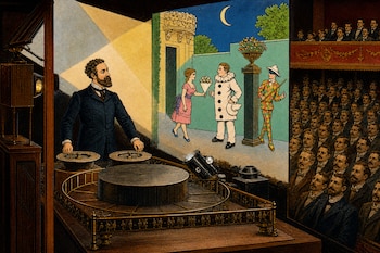 Ilustración de un hombre junto a un proyector mecánico frente a una pantalla con personajes dibujados y una sala con público en las butacas.