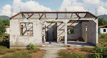 Casa sin techo, paredes agrietadas, vigas de madera, varillas de acero. Ventanas y puertas vacías, tejas rotas en el suelo. Campo, montañas y cielo.