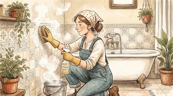 Mujer arrodillada, con overol y guantes amarillos, limpia azulejos de baño con cepillo y vinagre. Se ve espuma, un cubo, plantas en maceta y una bañera.