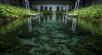 Un tanque de agua transparente con peces, cinco personas, vegetación verde frondosa en los bordes y equipo científico blanco alrededor.