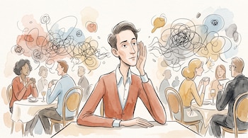 Ilustración de un hombre sentado en una mesa con la mano en la oreja entre comensales y globos de diálogo con líneas enredadas.