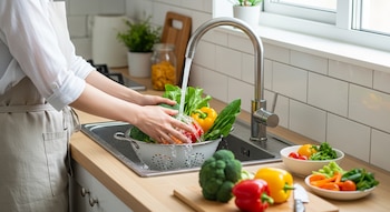 Manos de una persona lavando brócoli, pimientos rojos y amarillos, y otras hojas verdes en un colador bajo el grifo de agua de una cocina. Hay más verduras frescas en la encimera.
