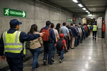 Grupo de personas en fila en un pasillo subterráneo, guiadas por personal de seguridad con chalecos reflectantes hacia una salida de emergencia con señales.