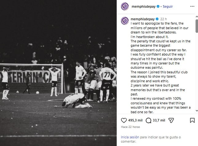 La carta de Depay tras errar el penal en Copa Libertadores