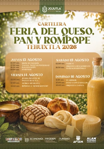 Cartel de feria con texto "Feria del Queso, Pan y Rompope Tehuixtla 2026" y programa. En la parte inferior, pan dulce, quesos y dos recipientes con rompope