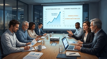 Siete personas sentadas ante una mesa con informes y una computadora portátil observan una pantalla con dos gráficos comparativos.
