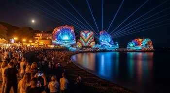 Multitud observa rocas marinas con proyecciones de luz de colores, rayos láser azules y luna en un cielo nocturno junto a edificios iluminados.