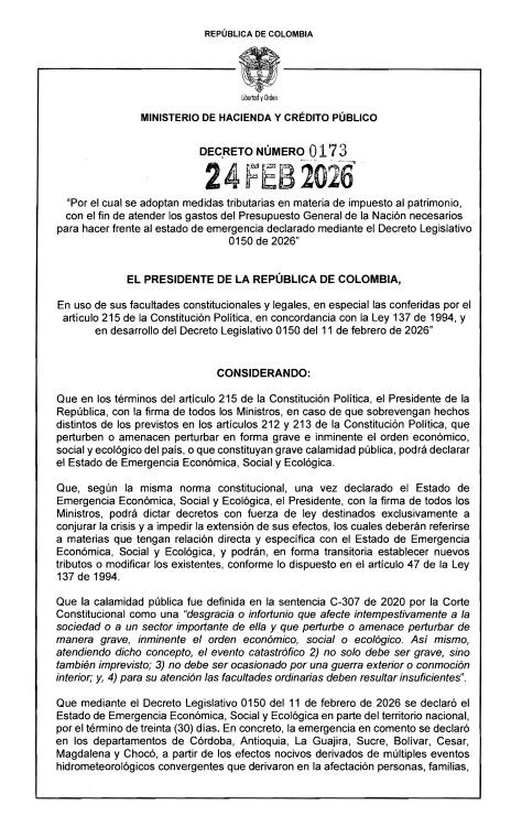 El Decreto 0173 de 2026, que establece un nuevo impuesto al patrimonio, recibió críticas de expertos - crédito Ministerio de Hacienda