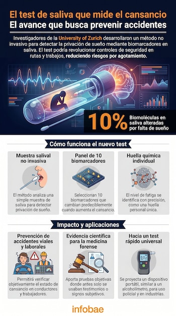 Infografía detallando un test de saliva para la fatiga, mostrando un tubo de ensayo con una silueta cansada, ondas cerebrales, hisopo, biomarcadores y aplicaciones.