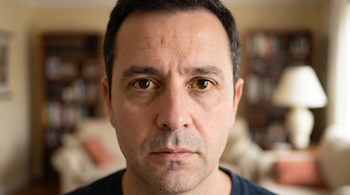 Primer plano del rostro de un hombre con piel clara, pelo oscuro y ojos marrones. La esclerótica de sus ojos es de color amarillo intenso.