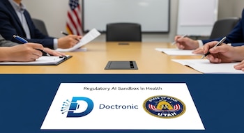 Manos escriben sobre documentos en una mesa. Se ven un logo de Doctronic, el sello de Utah y texto 'Regulatory AI Sandbox in Health'. Bandera de Estados Unidos.