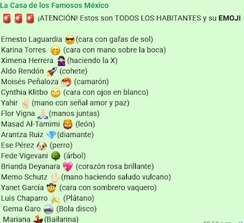La producción de La Casa de los Famosos México publicó la lista completa de emojis que corresponden a cada uno de los 18 habitantes que ingresaron al reality en 2026
(rs)