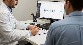 Doctor con bata blanca escribe en un expediente físico. Un paciente está de espaldas frente a él. En el monitor del escritorio se ve la aplicación SEDIMEC.