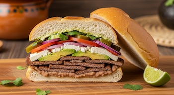 Sándwich torta mexicana cortado por la mitad, con frijoles, carne, aguacate, queso, cebolla, tomate, jalapeños y cilantro sobre una tabla de madera junto a una lima.