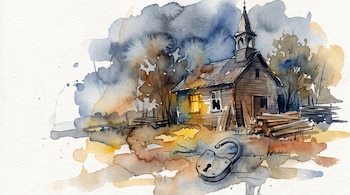 Ilustración en acuarela de una iglesia de madera con una ventana iluminada, árboles al fondo y un candado entreabierto en primer plano.