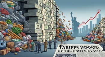 Pilas de mercancías y billetes de dólar, personas de negocios, la Estatua de la Libertad, un gráfico de barras ascendente y un periódico sobre aranceles.