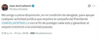 Juan José Lafaurie ofreció respaldo jurídico para acompañar el proceso de escrutinios oficiales - crédito @LafaurieCabal/X