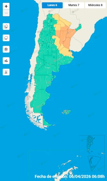 Mapa meteorológico de Argentina el 6 de abril de 2026, mostrando la extensión del país con regiones en verde, amarillo y naranja, y el océano azul